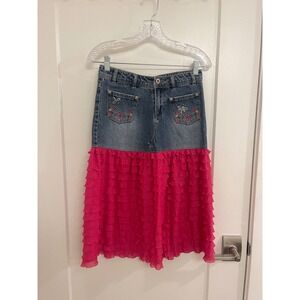 Vintage Y2K Denim Embroidered Fairycore Skirt Ruffle Hot Pink